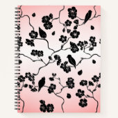 黒とピンクの鳥とさくらんぼの花 ノートブック (正面)