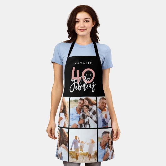 黒とピンクの40歳の誕生日の写真コラージュ エプロン (着用した状態)