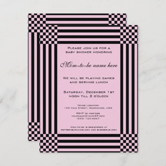 黒とピンク市松模様にのストライプ 招待状 (正面/裏面)