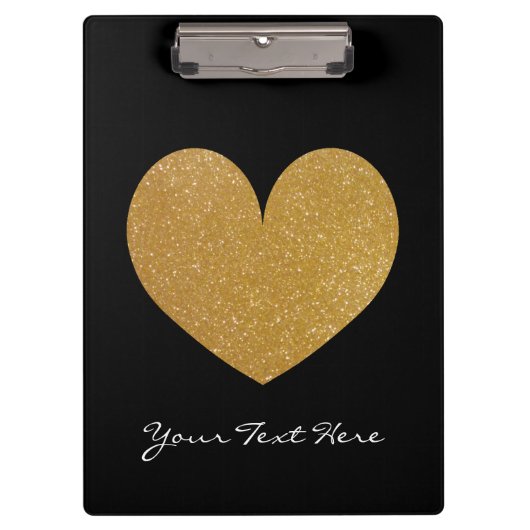 黒とフェイク金ゴールドのグリッターハート クリップボード (正面)