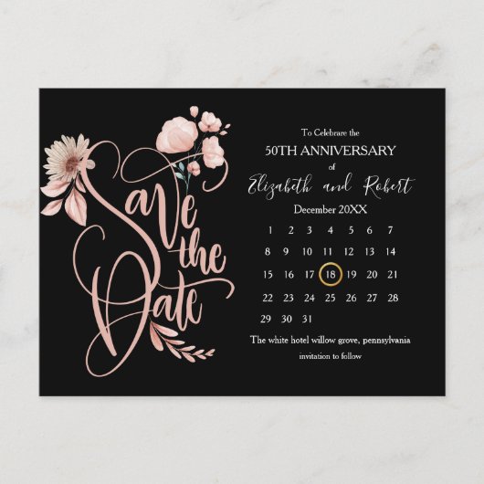 黒とフローラ50周年の日付を保存 案内ポストカード (正面)