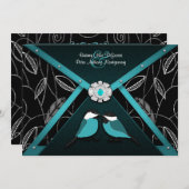 黒とプールブルーのラブバードの結婚式招待状 招待状 (正面/裏面)