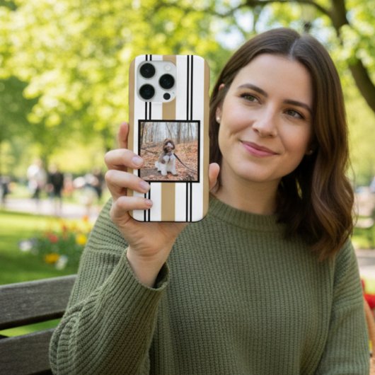 黒とベージュのストライプ ペット写真  iPhoneケース