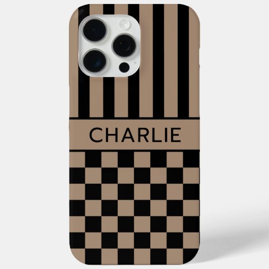 黒とベージュの市松模様ストライプのオーダーメイドケース Case-Mate iPhoneケース (裏面)