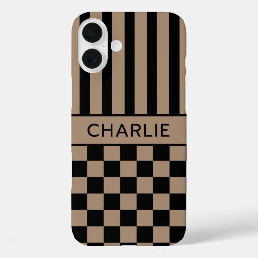 黒とベージュの市松模様ストライプ オーダーメイド Case-Mate iPhoneケース (裏面)