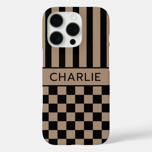 黒とベージュの市松模様ストライプ オーダーメイド Case-Mate iPhoneケース (裏面)