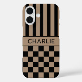 黒とベージュの市松模様ストライプ オーダーメイド iPhone 16ケース