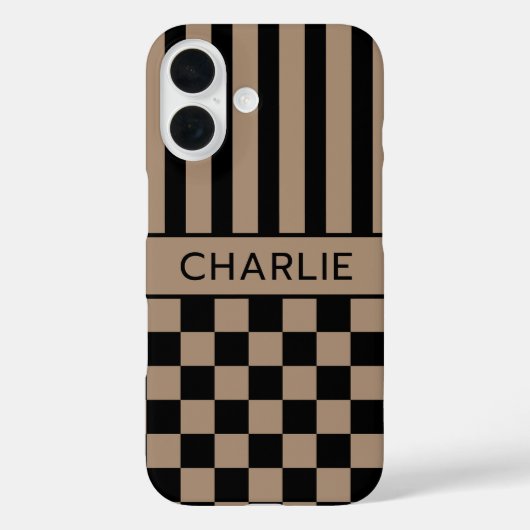 黒とベージュの市松模様ストライプ オーダーメイド Case-Mate iPhoneケース (裏面)