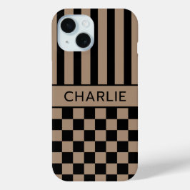 黒とベージュの市松模様ストライプ オーダーメイド iPhone 15ケース