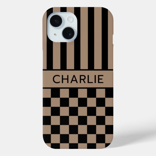 黒とベージュの市松模様ストライプ オーダーメイド Case-Mate iPhoneケース (裏面)