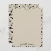 黒とベージュの手描きタトゥーパターン サンキューカード (正面/裏面)