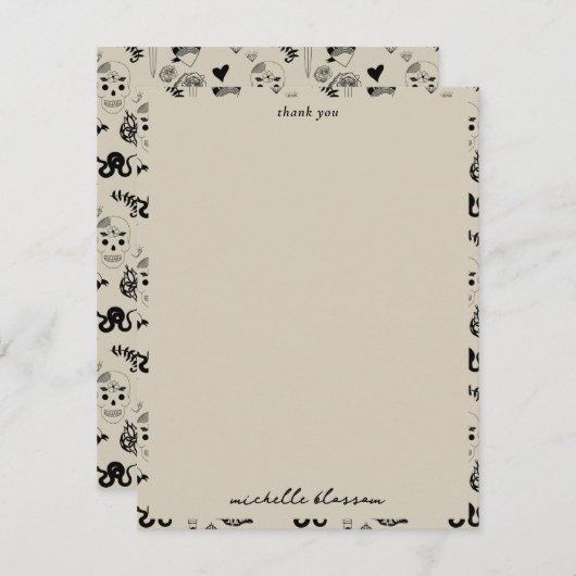 黒とベージュの手描きタトゥーパターン サンキューカード (正面/裏面)