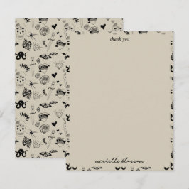 黒とベージュの手描きタトゥーパターン サンキューカード