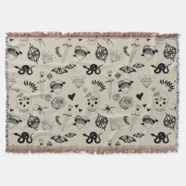 黒とベージュの手描きタトゥーパターン スローブランケット