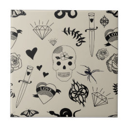 黒とベージュの手描きタトゥーパターン タイル