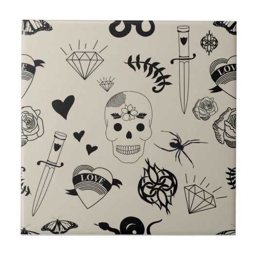 黒とベージュの手描きタトゥーパターン タイル (正面)