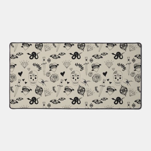 黒とベージュの手描きタトゥーパターン デスクマット (正面)