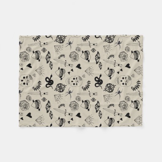 黒とベージュの手描きタトゥーパターン フリースブランケット (正面(横))
