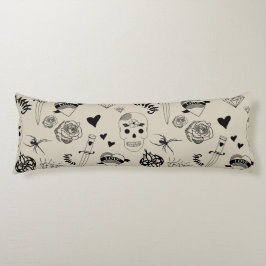 黒とベージュの手描きタトゥーパターン ボディピロー