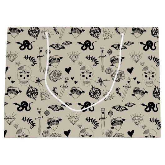 黒とベージュの手描きタトゥーパターン ラージペーパーバッグ (正面)