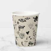 黒とベージュの手描きタトゥーパターン 紙コップ (裏面)