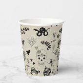 黒とベージュの手描きタトゥーパターン 紙コップ (左)