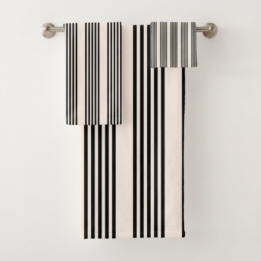 黒とベージュの5つのストライプパターン バスタオルセット (インサイチュ)