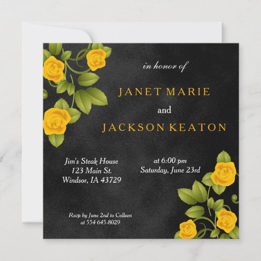黒とマリゴールドの黄色いバラ結婚の花 招待状 (正面)