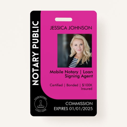 黒とミニマルピンクの公証人ロゴ写真QRバッジ バッジ (正面)