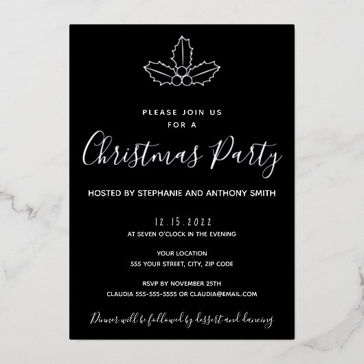 黒とミニマル金ゴールドミスタントクリスマス 箔招待状 (正面)