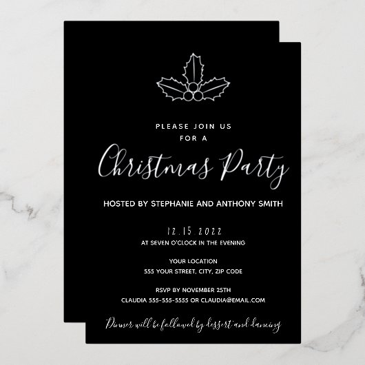 黒とミニマル金ゴールドミスタントクリスマス 箔招待状 (正面/裏面)