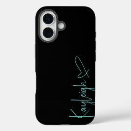 黒とミントのVertスクリプト名とハート電話ケース iPhone 16ケース