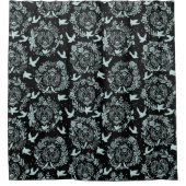 黒とミントグリーンのフローラと鳥 シャワーカーテン (正面)