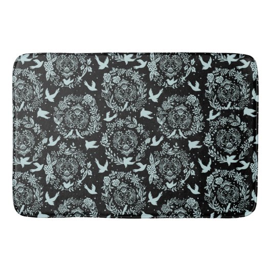 黒とミントグリーンのフローラと鳥 バスマット (正面)