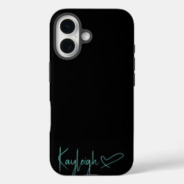 黒とミントスクリプト名とハート電話ケース iPhone 16ケース