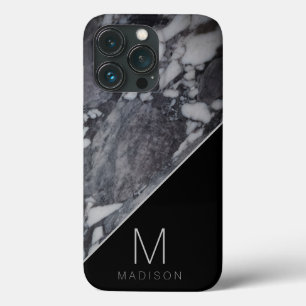 黒とモダン灰色の大理石のモノグラム名 iPhone 13 PROケース