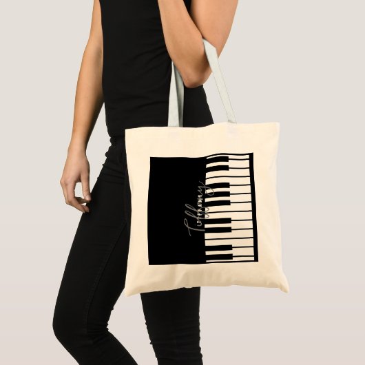 黒とモダン白のピアノキーボードのモノグラム名 トートバッグ (正面(商品))