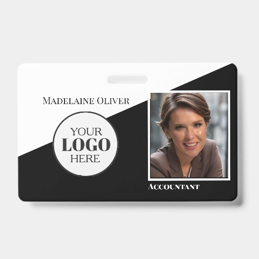 黒とモダン白のロゴ従業員の写真IDバッジ バッジ (正面)