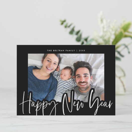 黒とモダン白の台本の新年の写真 シーズンカード (スタンド正面)
