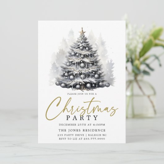 黒とモダン白の格子模様クリスマスツリーパーティー 招待状 (スタンド正面)
