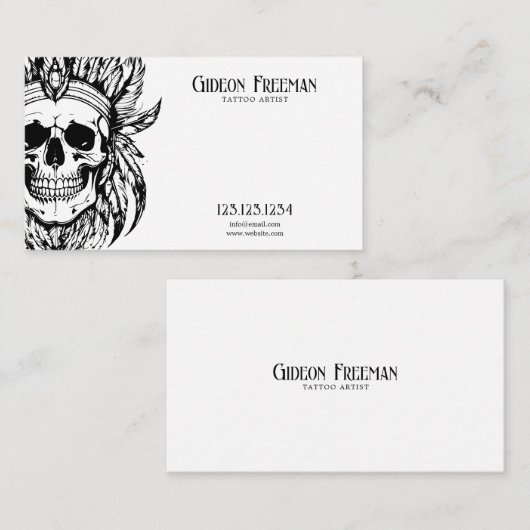 黒とモダン白の羽スカルタトゥーアーティスト 名刺 (正面/裏面)