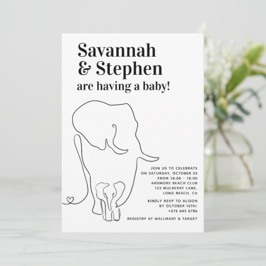 黒とモダン白の象が出産するベビーシャワー 招待状 (スタンド正面)