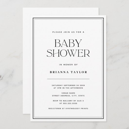 黒とモダン白の赤ちゃんシャワー 招待状 (正面/裏面)