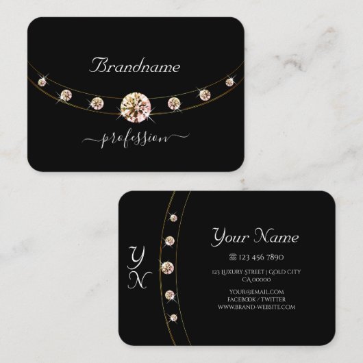 黒とモダン金ゴールドとイニシャルRhinestones 名刺 (正面/裏面)