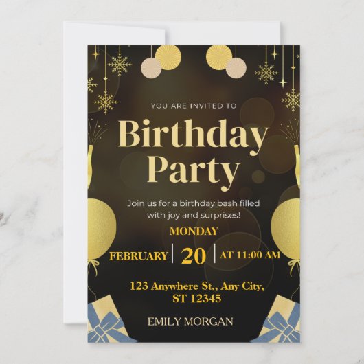 黒とモダン金ゴールドのバルーンの招待状の誕生日 招待状 (正面)