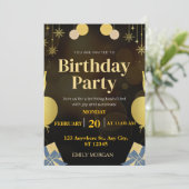 黒とモダン金ゴールドのバルーンの招待状の誕生日 招待状 (スタンド正面)