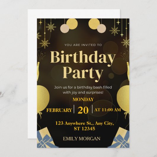 黒とモダン金ゴールドのバルーンの招待状の誕生日 招待状 (正面/裏面)