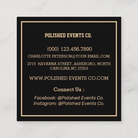 黒とモダン金ゴールドのバルーンイベントプランナー スクエア名刺 (裏面)
