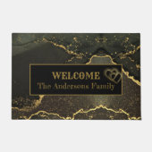 黒とモダン金ゴールドのマーブルハート ドアマット (正面)