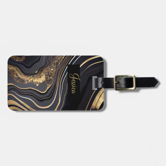 黒とモダン金ゴールドの大理石 ラゲッジタグ (正面横)